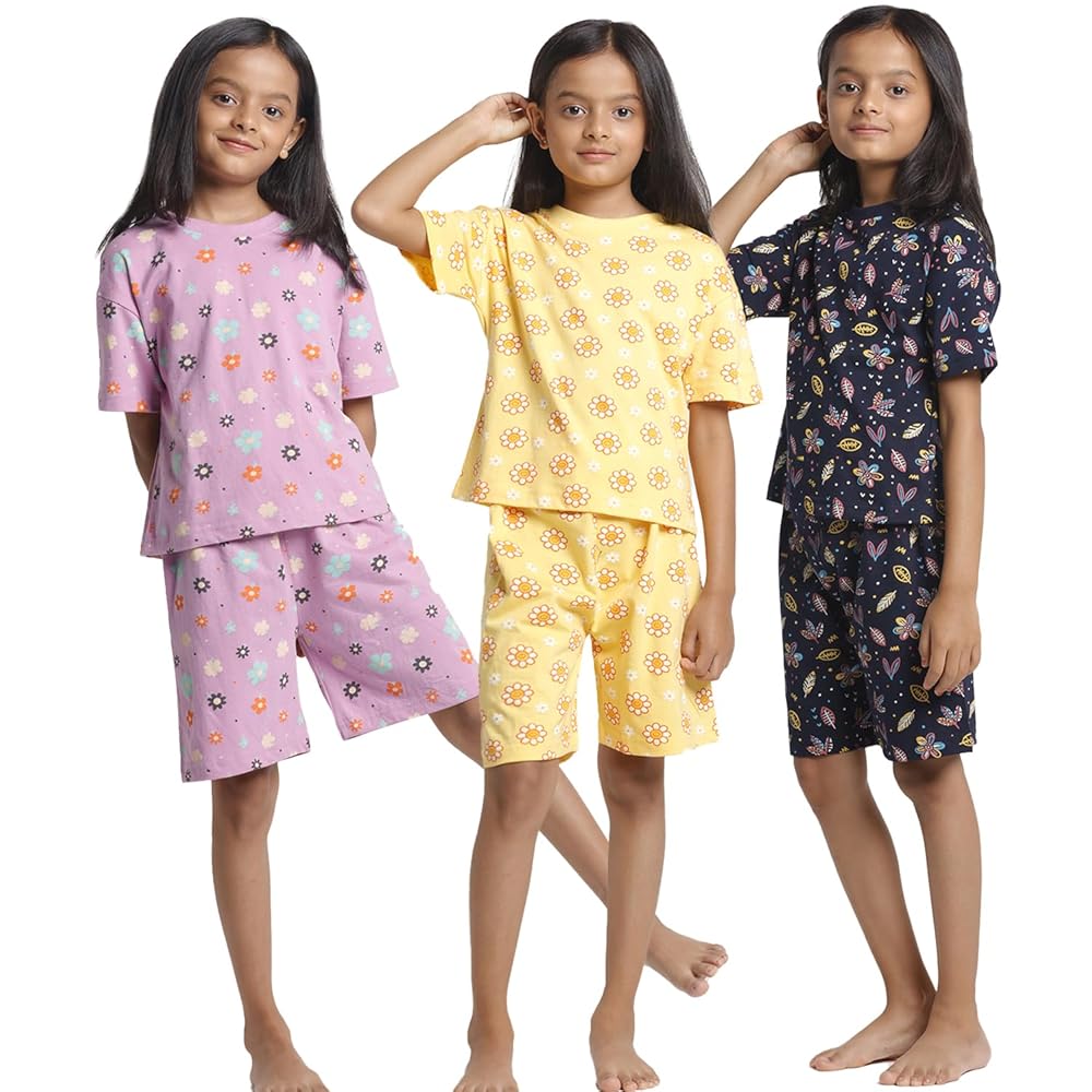 T2F Girls Cotton Printed Oversized Fit T-Shirt and Shorts Clothing Set (Pack of 3)
