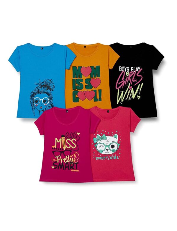 T2F Girls Cotton Printed Regular Fit T-Shirt (Pack of 5)