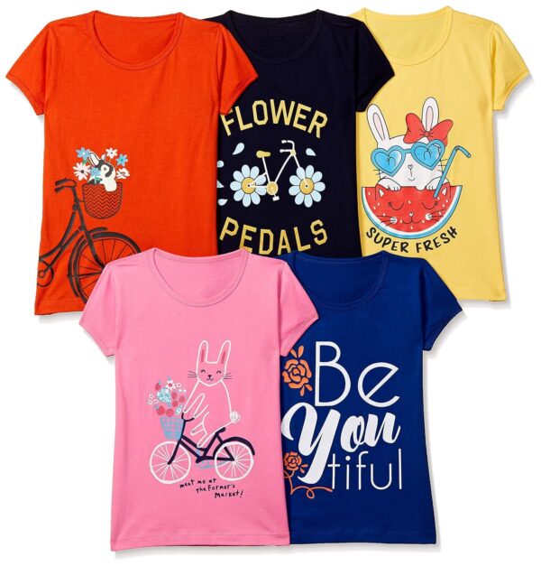 T2F Girls Cotton Printed Regular Fit T-Shirt (Pack of 5)