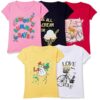 T2F Girls Cotton Printed Regular Fit T-Shirt (Pack of 5)