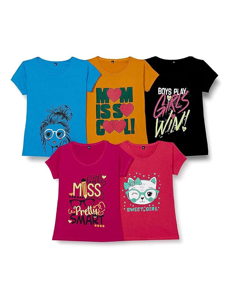 T2F Girls Cotton Printed Regular Fit T-Shirt (Pack of 5)