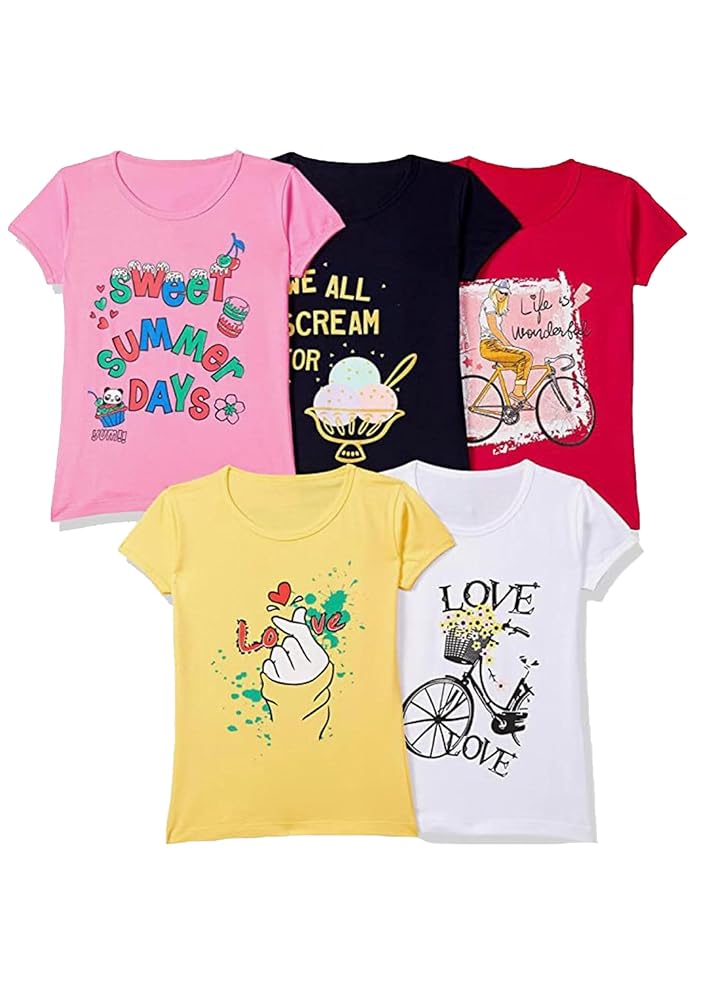 T2F Girls Cotton Printed Regular Fit T-Shirt (Pack of 5)