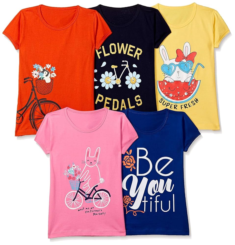 T2F Girls Cotton Printed Regular Fit T-Shirt (Pack of 5)