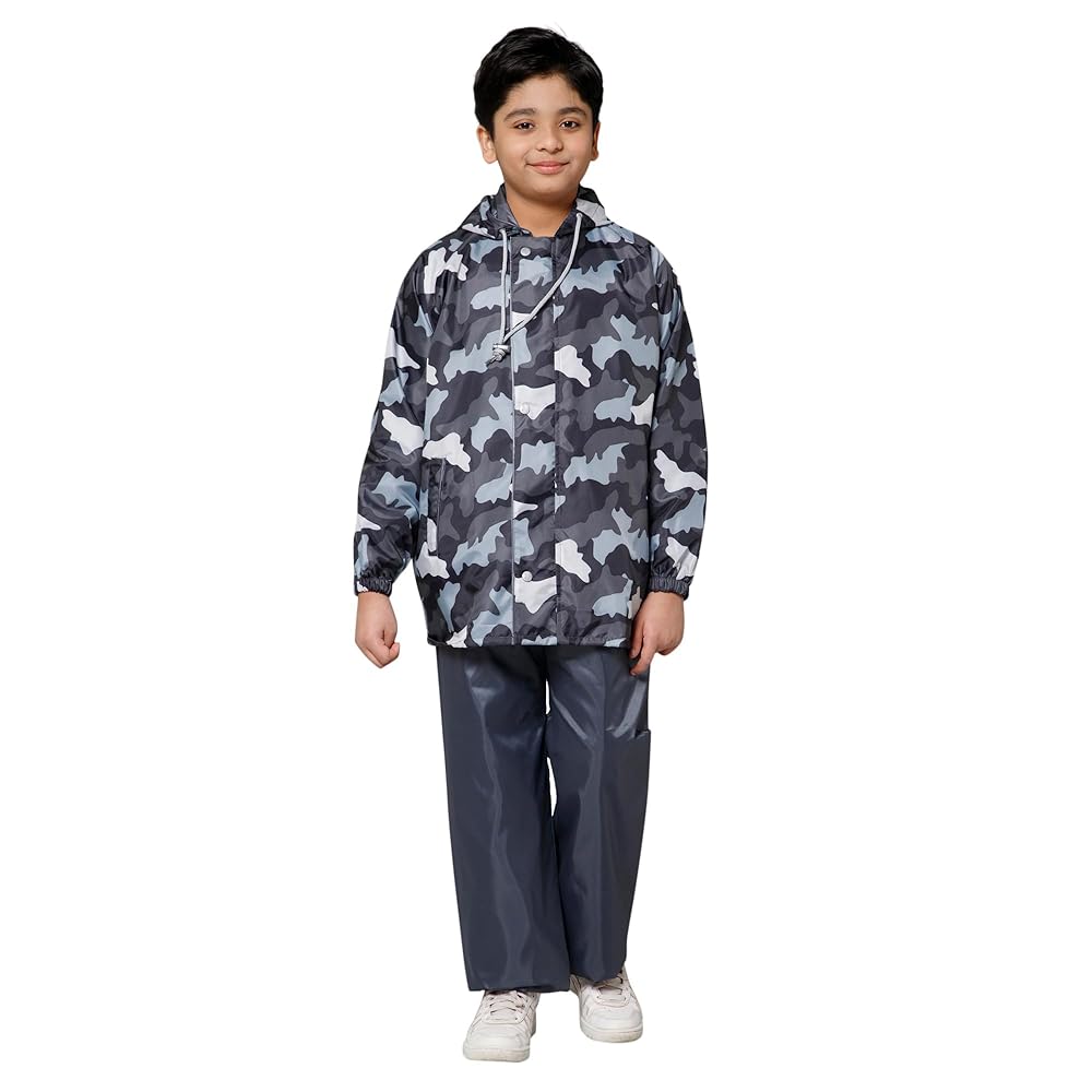 THE CLOWNFISH Kid's Waterproof Double Coating Reversible Standard Length Raincoat With Hood & Reflector Logo At Back, Top & Bottom Printed Plastic Pouch