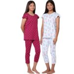 TotzTouch Girls Cotton Pyjama Set Printed T Shirt Capri Pant (3/4 th Pant) Night Dress (Pink Heart and Unicorn Design) Age 3 Years to 16 Years Pack of 2
