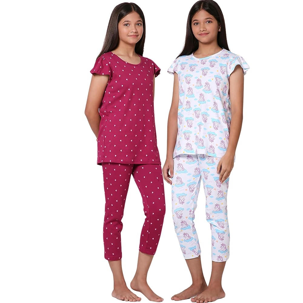 TotzTouch Girls Cotton Pyjama Set Printed T Shirt Capri Pant (3/4 th Pant) Night Dress (Pink Heart and Unicorn Design) Age 3 Years to 16 Years Pack of 2