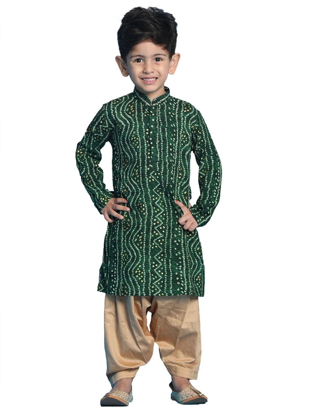 VASTRAMAY Boys' Blue and Rose Gold Kurta Patiala Set | Gold Bandhani And Foil Print Rayon Kurta With Pyjama for Navratri, Diwali & Festive Celebrations - Stylish and Comfortable...