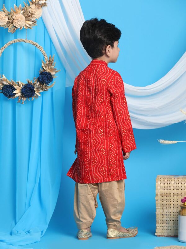 VASTRAMAY Boys' Blue and Rose Gold Kurta Patiala Set | Gold Bandhani And Foil Print Rayon Kurta With Pyjama for Navratri, Diwali & Festive Celebrations - Stylish and Comfortable...