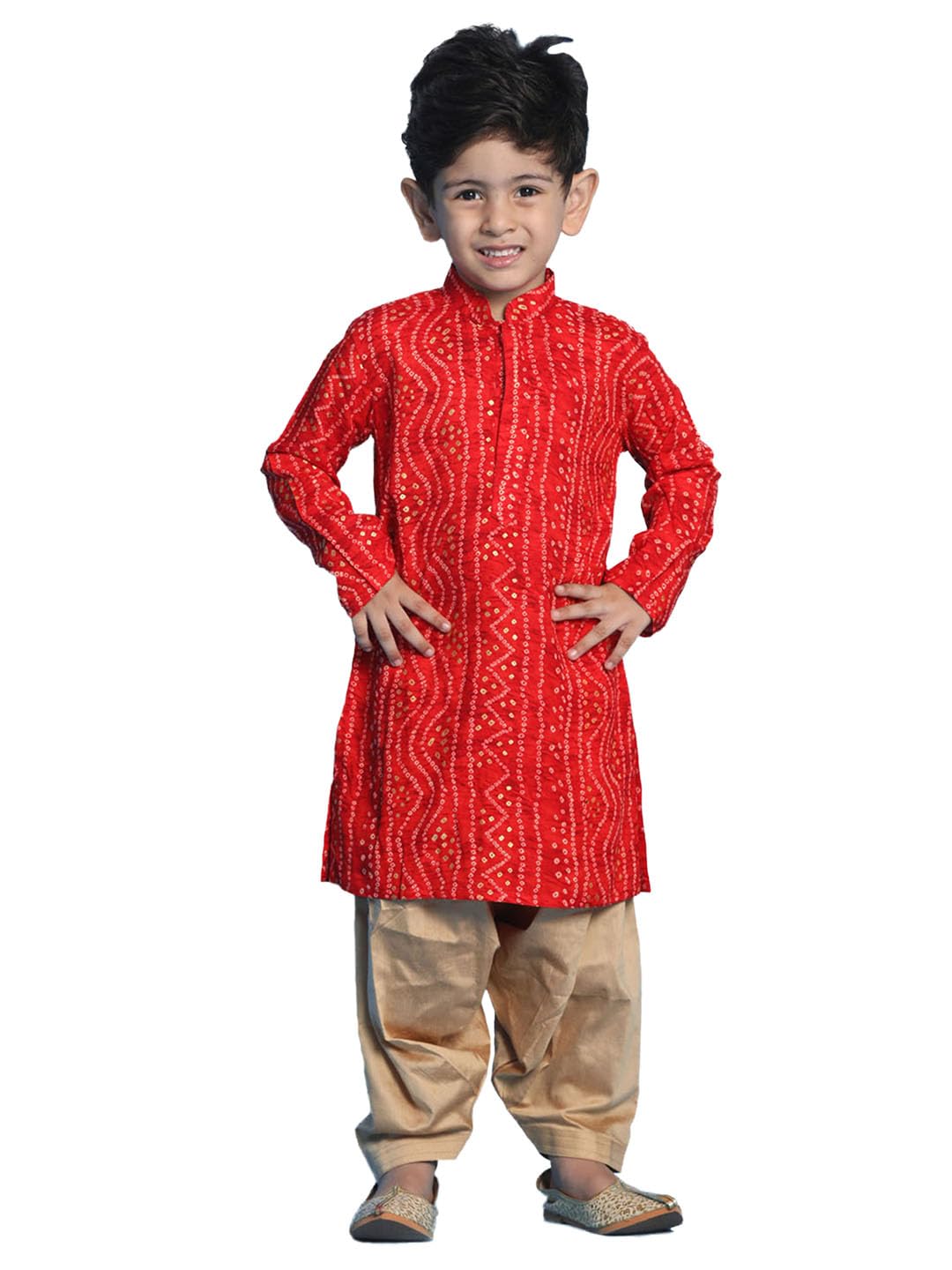 VASTRAMAY Boys' Blue and Rose Gold Kurta Patiala Set | Gold Bandhani And Foil Print Rayon Kurta With Pyjama for Navratri, Diwali & Festive Celebrations - Stylish and Comfortable...