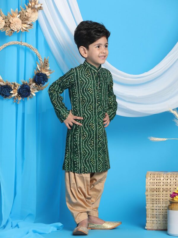 VASTRAMAY Boys' Blue and Rose Gold Kurta Patiala Set | Gold Bandhani And Foil Print Rayon Kurta With Pyjama for Navratri, Diwali & Festive Celebrations - Stylish and Comfortable...