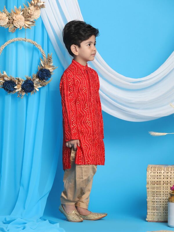 VASTRAMAY Boys' Blue and Rose Gold Kurta Patiala Set | Gold Bandhani And Foil Print Rayon Kurta With Pyjama for Navratri, Diwali & Festive Celebrations - Stylish and Comfortable...