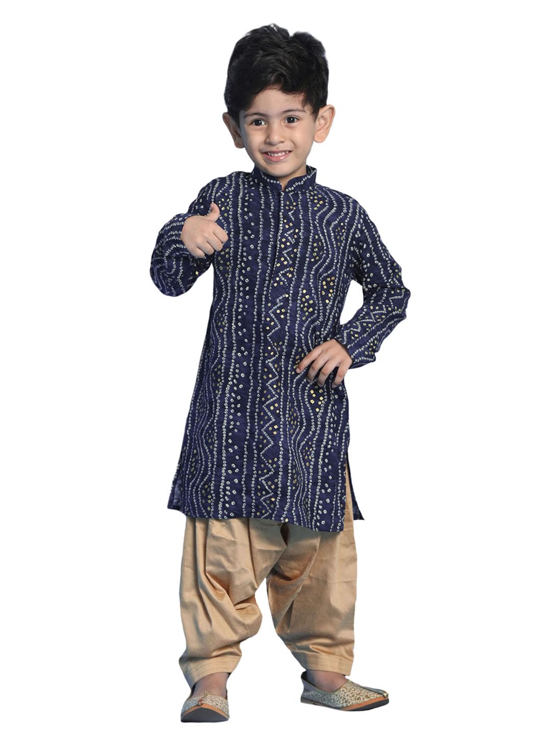 VASTRAMAY Boys' Blue and Rose Gold Kurta Patiala Set | Gold Bandhani And Foil Print Rayon Kurta With Pyjama for Navratri, Diwali & Festive Celebrations - Stylish and Comfortable...