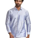 VASTRAMAY Men's Green Silk Blend Ethnic Shirt | Full Sleeves South Indian Traditional Shirt | Festive, Wedding, Casual Wear