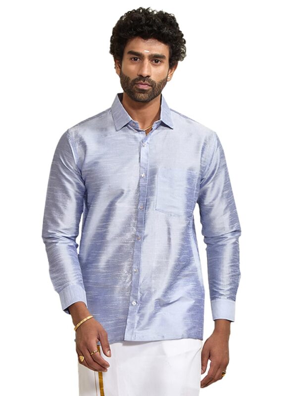 VASTRAMAY Men's Green Silk Blend Ethnic Shirt | Full Sleeves South Indian Traditional Shirt | Festive, Wedding, Casual Wear