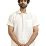 VASTRAMAY Men's Silk Blend Ethnic Shirt - Half Sleeves, South Indian Traditional Shirt for Weddings, Festivals, & Casual Wear