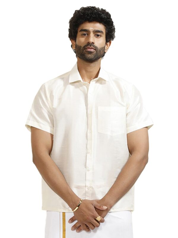VASTRAMAY Men's Silk Blend Ethnic Shirt - Half Sleeves, South Indian Traditional Shirt for Weddings, Festivals, & Casual Wear