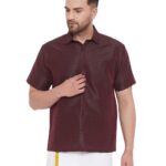 VASTRAMAY Men's Silk Blend Ethnic Shirt - Half Sleeves, South Indian Traditional Shirt for Weddings, Festivals, & Casual Wear