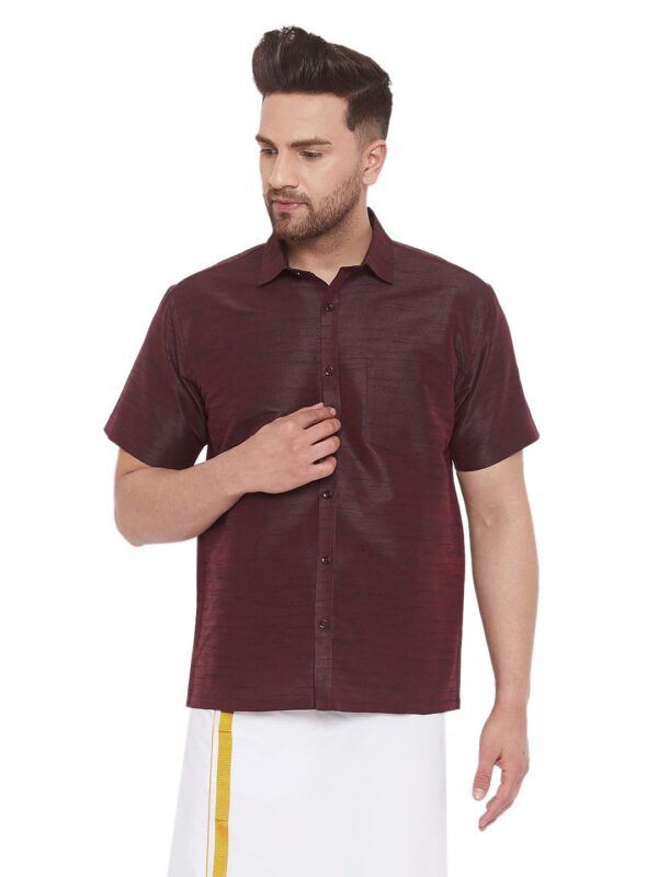 VASTRAMAY Men's Silk Blend Ethnic Shirt - Half Sleeves, South Indian Traditional Shirt for Weddings, Festivals, & Casual Wear