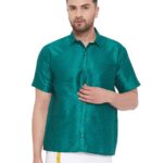 VASTRAMAY Men's Silk Blend Ethnic Shirt - Half Sleeves, South Indian Traditional Shirt for Weddings, Festivals, & Casual Wear