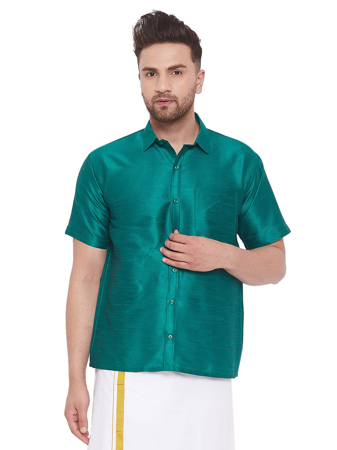 VASTRAMAY Men's Silk Blend Ethnic Shirt - Half Sleeves, South Indian Traditional Shirt for Weddings, Festivals, & Casual Wear