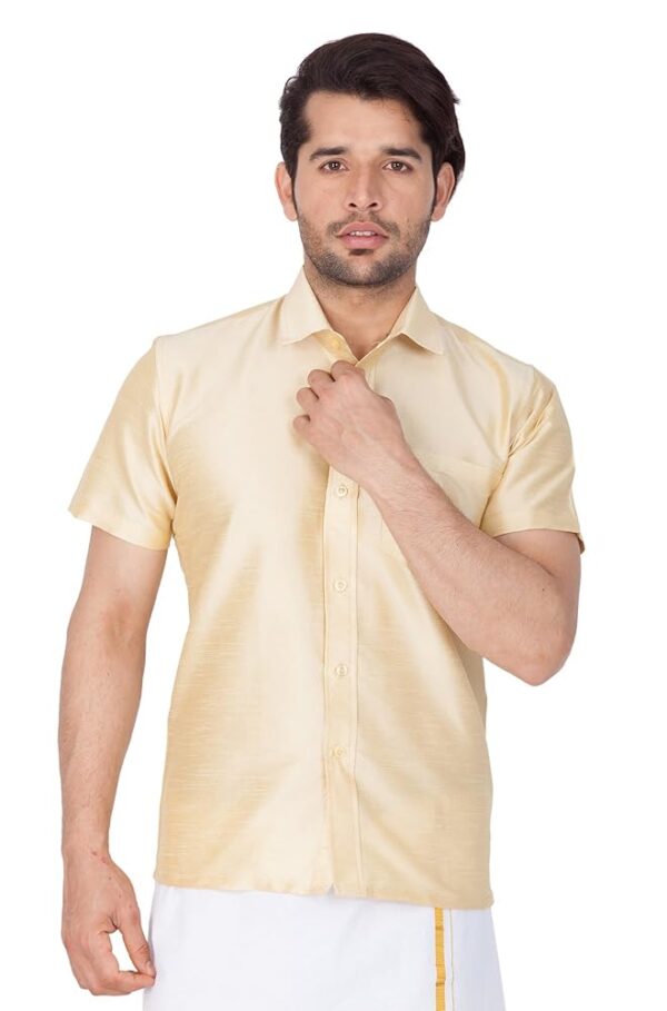 VASTRAMAY Men's Silk Blend Ethnic Shirt - Half Sleeves, South Indian Traditional Shirt for Weddings, Festivals, & Casual Wear