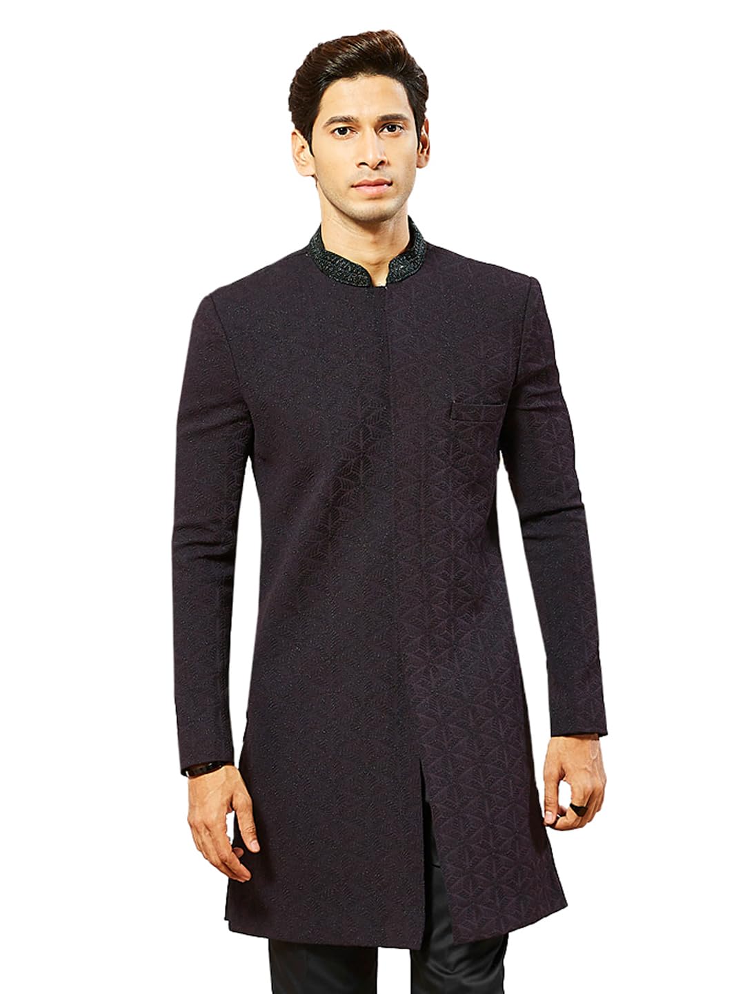VASTRAMAY Men's Silk Blend Indo Western Top Only, Silk Blend Emboss Fabric Indo Western For Men, Traditional Indian Wear for Weddings & Festivals