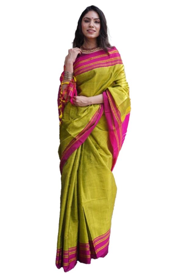 Very Much Indian Handloom Cotton Viscose Ilkal Saree for Women With Pure Resham Pallu Bright Green With Rose Pink Border Includes Blouse Piece As Seen on Shark Tank India