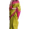 Very Much Indian Handloom Cotton Viscose Ilkal Saree for Women With Pure Resham Pallu Bright Green With Rose Pink Border Includes Blouse Piece As Seen on Shark Tank India
