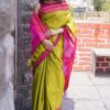 Very Much Indian Handloom Cotton Viscose Ilkal Saree for Women With Pure Resham Pallu Bright Green With Rose Pink Border Includes Blouse Piece As Seen on Shark Tank India