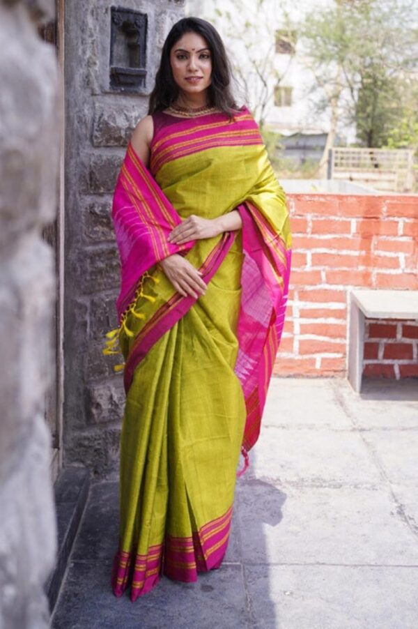 Very Much Indian Handloom Cotton Viscose Ilkal Saree for Women With Pure Resham Pallu Bright Green With Rose Pink Border Includes Blouse Piece As Seen on Shark Tank India