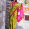 Very Much Indian Handloom Cotton Viscose Ilkal Saree for Women With Pure Resham Pallu Bright Green With Rose Pink Border Includes Blouse Piece As Seen on Shark Tank India