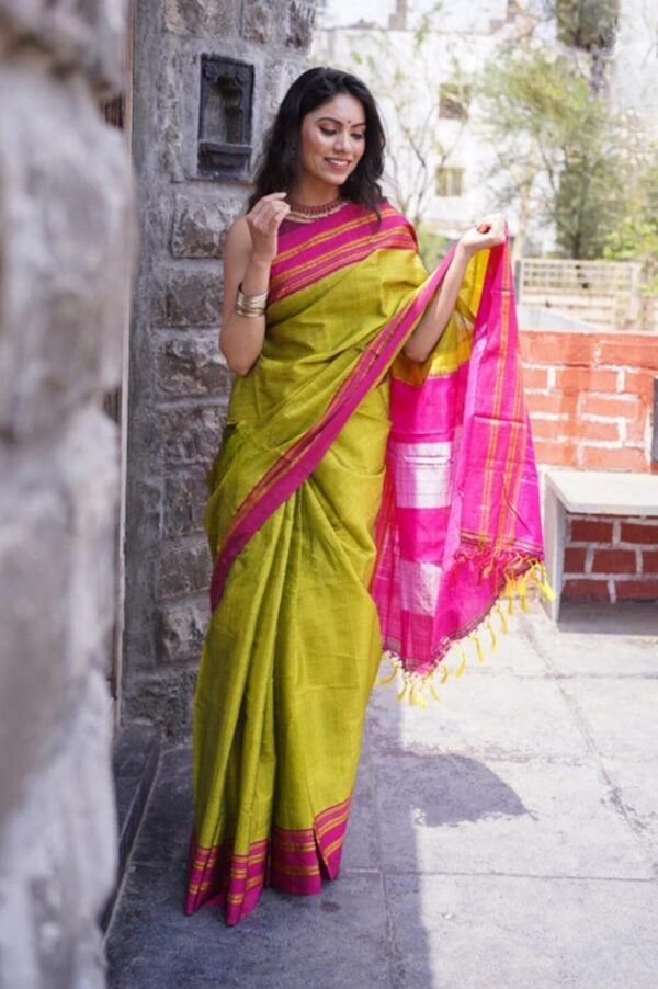 Very Much Indian Handloom Cotton Viscose Ilkal Saree for Women With Pure Resham Pallu Bright Green With Rose Pink Border Includes Blouse Piece As Seen on Shark Tank India