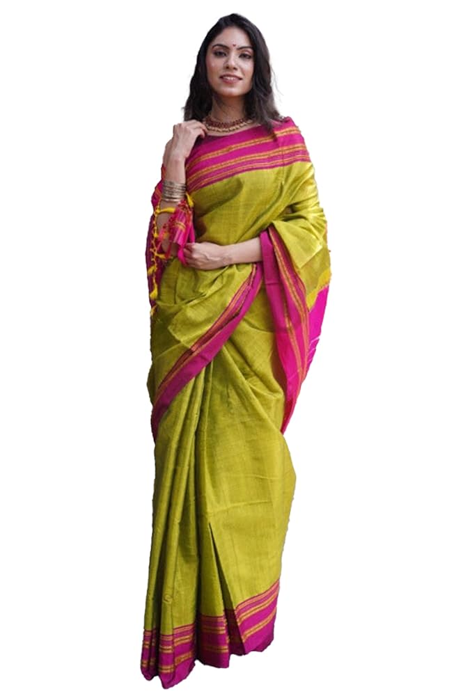 Very Much Indian Handloom Cotton Viscose Ilkal Saree for Women With Pure Resham Pallu Bright Green With Rose Pink Border Includes Blouse Piece As Seen on Shark Tank India