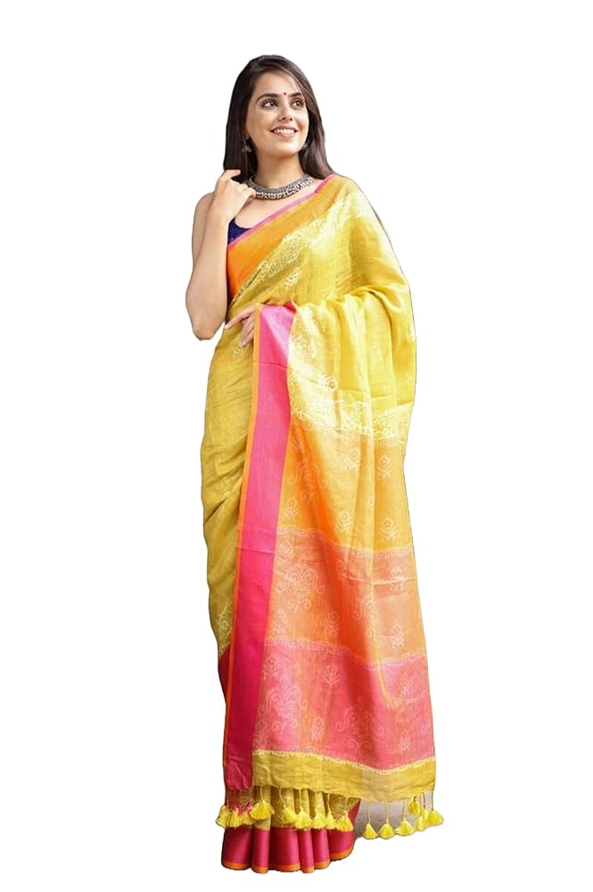 Very Much Indian Pure Linen Yellow Saree With Sleek Border Stripes and Tassels For Women Includes Blouse Piece As Seen on Shark Tank India