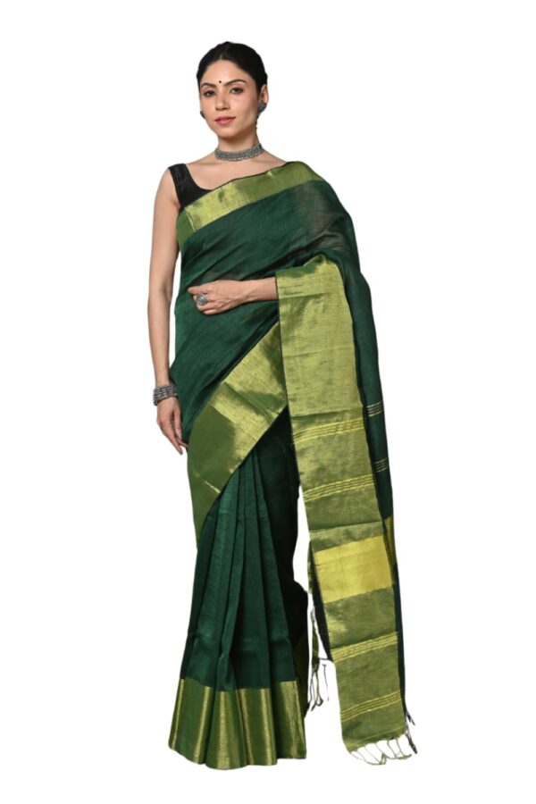 Very Much Indian Women's Handloom Pure Cotton Linen Green Saree with Golden Border Includes Blouse Piece Featured on Shark Tank India