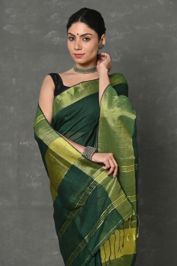 Very Much Indian Women's Handloom Pure Cotton Linen Green Saree with Golden Border Includes Blouse Piece Featured on Shark Tank India
