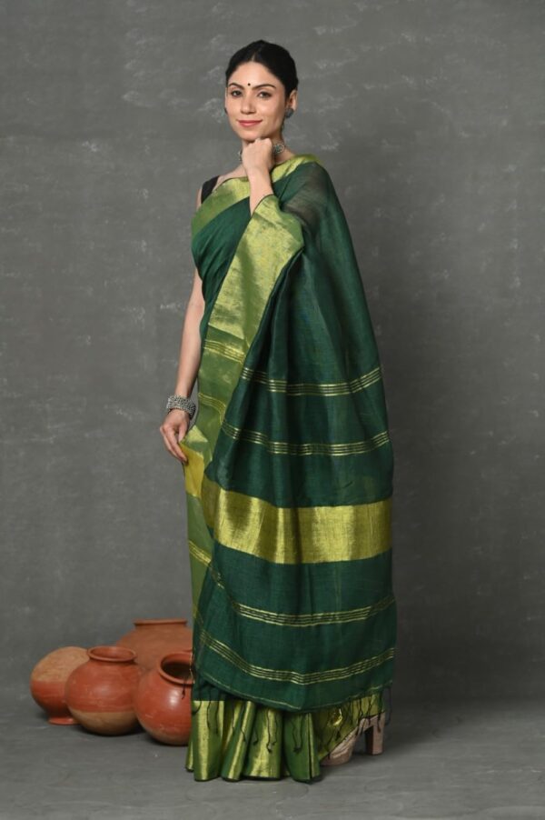 Very Much Indian Women's Handloom Pure Cotton Linen Green Saree with Golden Border Includes Blouse Piece Featured on Shark Tank India
