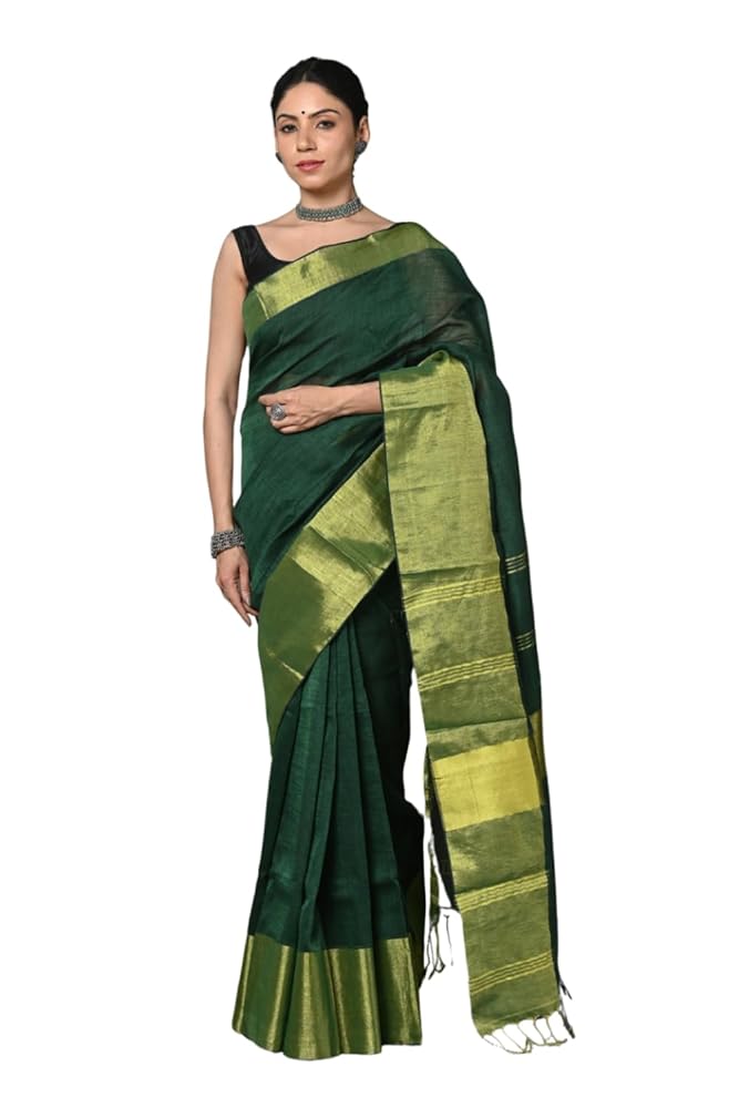 Very Much Indian Women's Handloom Pure Cotton Linen Green Saree with Golden Border Includes Blouse Piece Featured on Shark Tank India