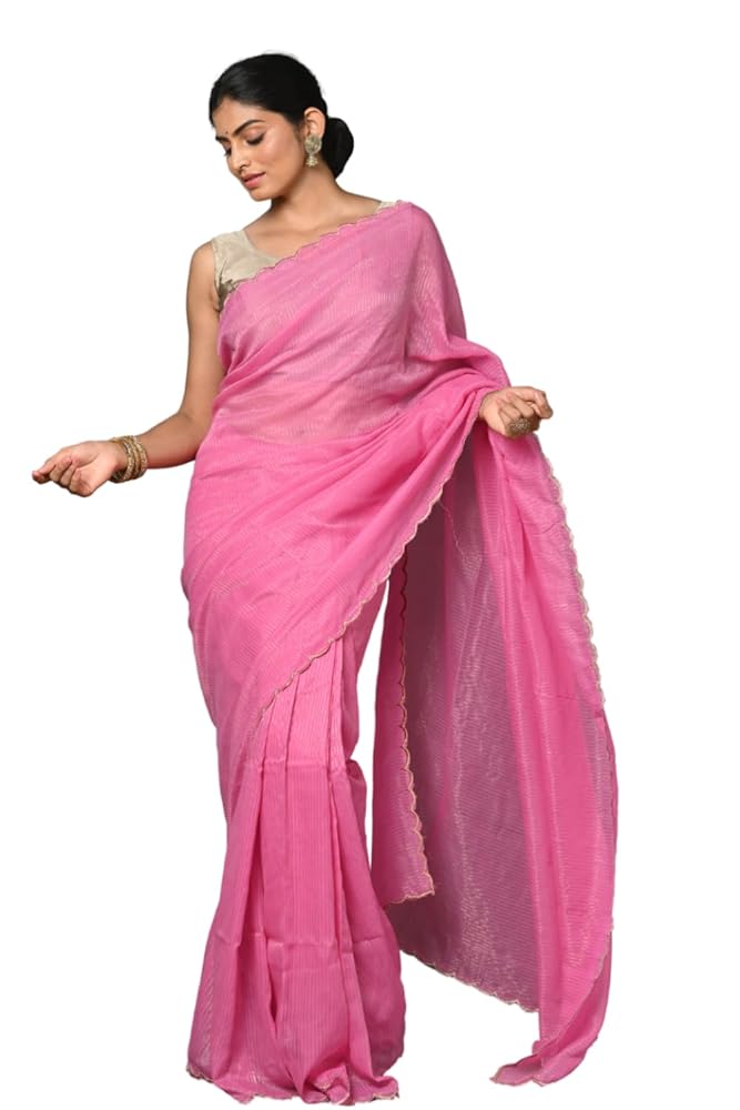 Very Much Indian Women's Mul Cotton Zari Design Handloom Heather Pink Saree with Cutwork Border Includes Blouse Piece Featured on Shark Tank India