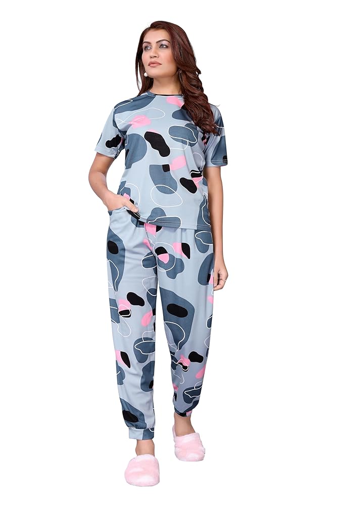 VJ Fashion Women'S Cotton Lycra Printed & Knitted Round Neck Night Wear Set Of Top And Pazama