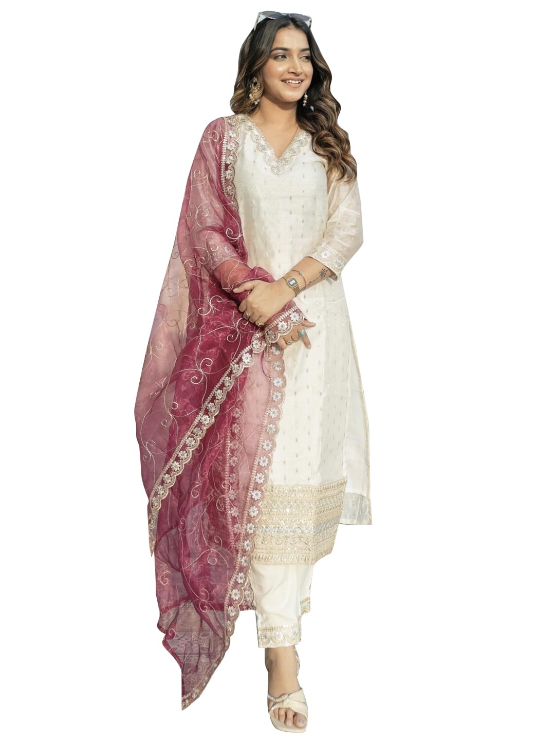 VredeVogel Women's Chanderi Silk Embroidered Kurta with Pant & Organza Dupatta Set | Casual Outfit Ethnic Kurta Set for Women | Modern & Traditional Blend Ethnic Wear