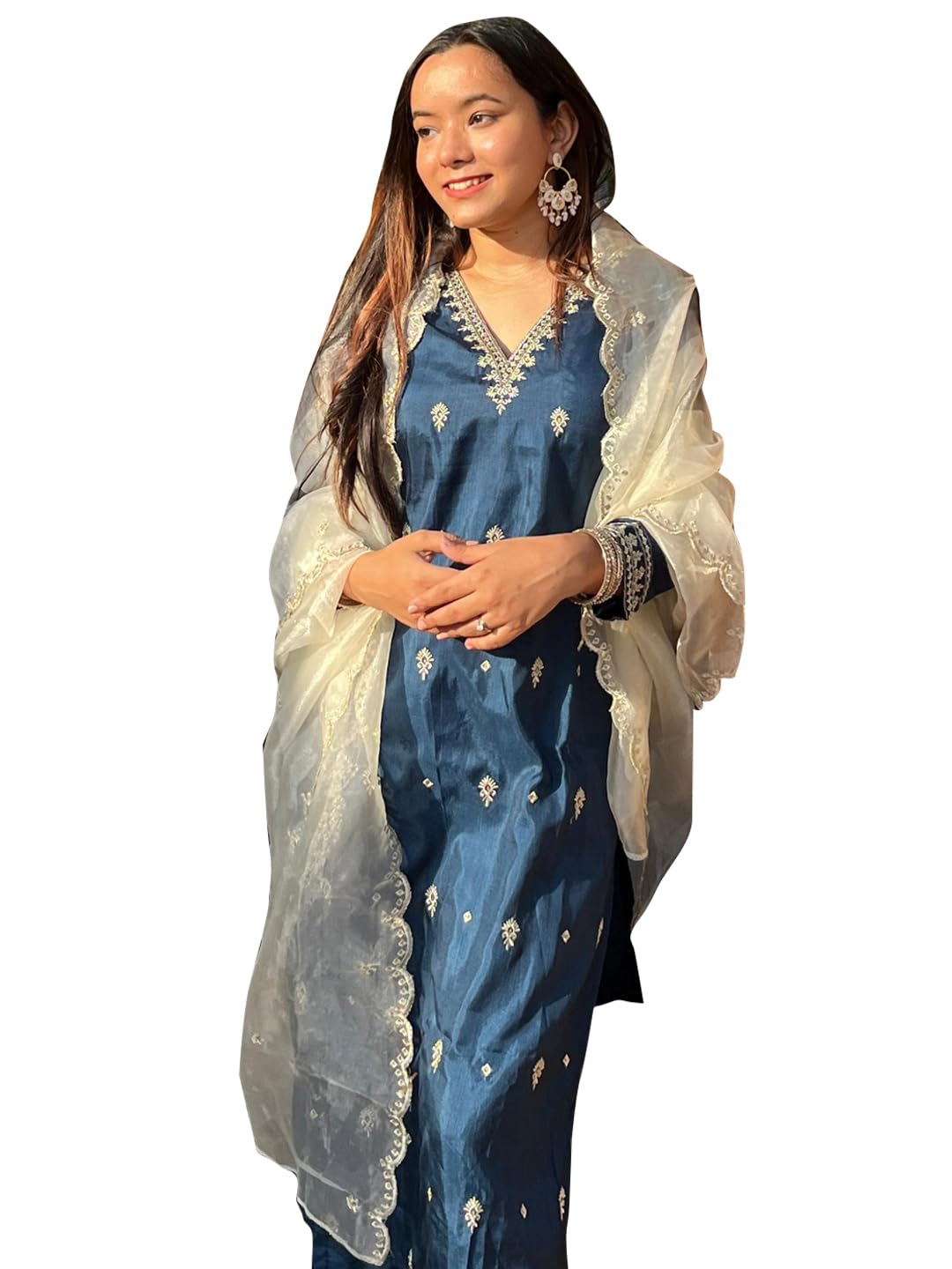 VredeVogel Women's Silk Blend Kurta Pant Set with Organza Heavy Embroidery Dupatta | Casual Outfit Ethnic Kurta Set for Women | Modern & Traditional Blend Ethnic Wear