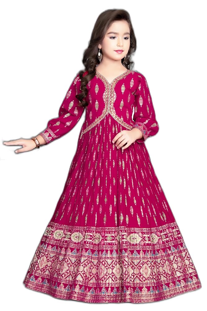 White Button New Wine Ethnic Long Party Kids Gown for Girls Maxi Dress