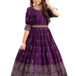 White Button New Wine Ethnic Long Party Kids Gown for Girls Maxi Dress