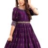 White Button New Wine Ethnic Long Party Kids Gown for Girls Maxi Dress