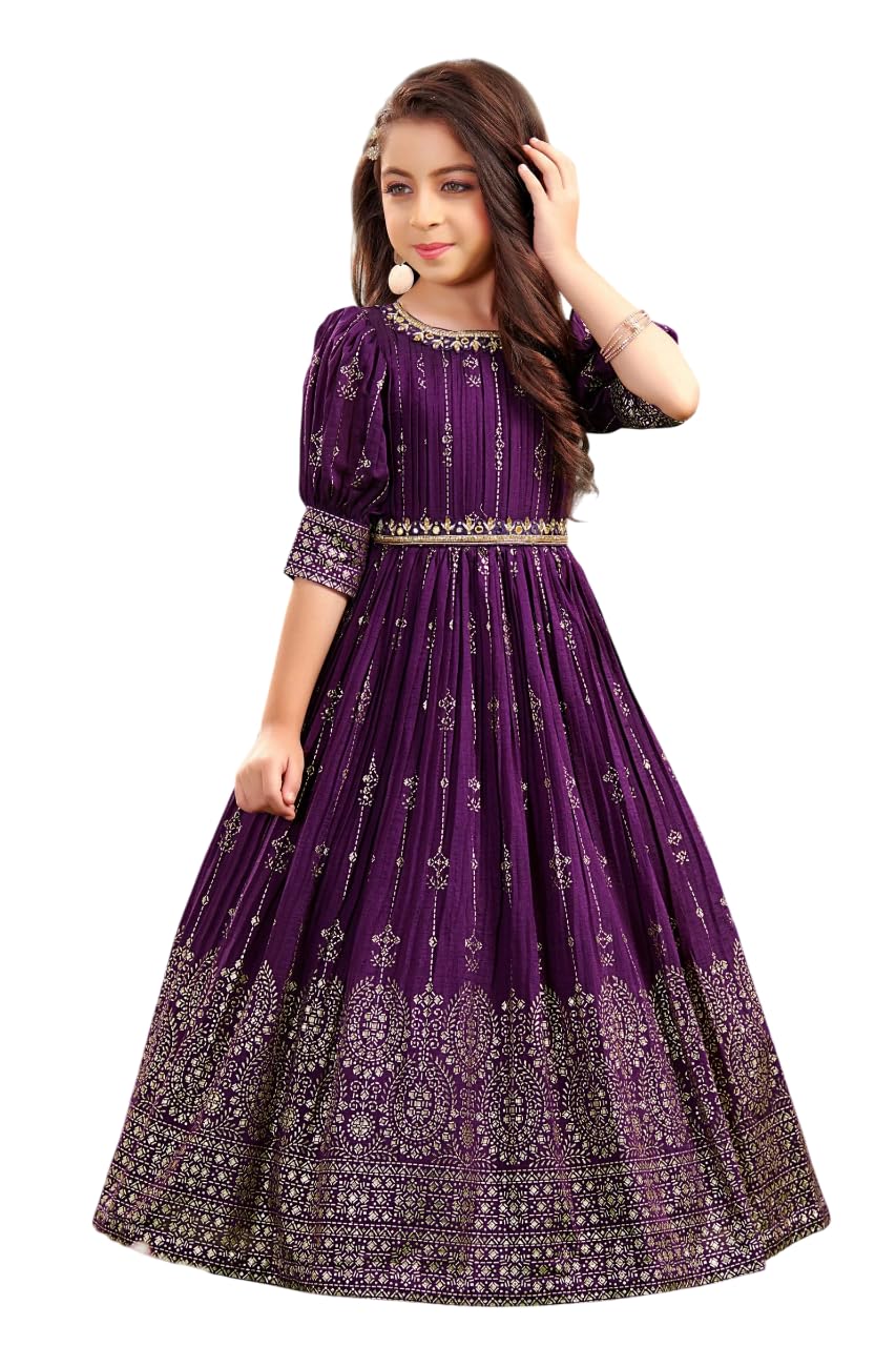 White Button New Wine Ethnic Long Party Kids Gown for Girls Maxi Dress