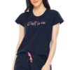 Women's Cotton Dot Printed Night Suit Set of Top & Shorts -Black