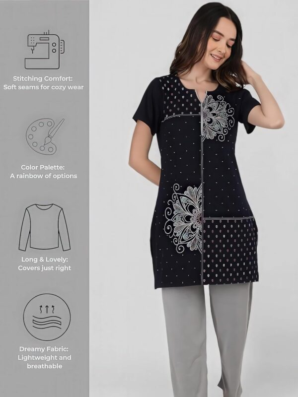 Women's Cotton Embroided Long Length Night Suit Set
