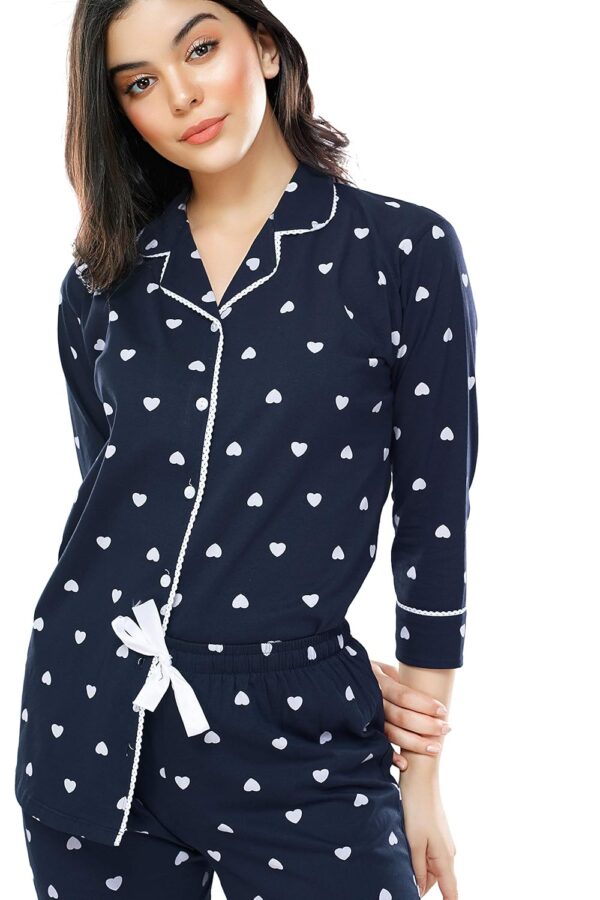 Women's Cotton Heart Printed Night Suit Set Of Shirt & Pajama Set-Black