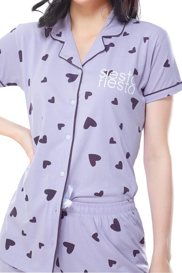 Women's Cotton Heart Printed Night Suit set of Shirt & Pajama Set-Light purple